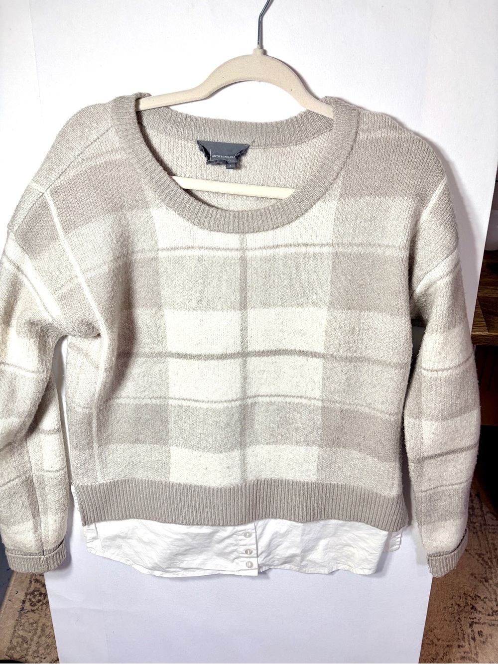 Anthropologie Beige & Cream Plaid Layered-Look Crewneck Sweater